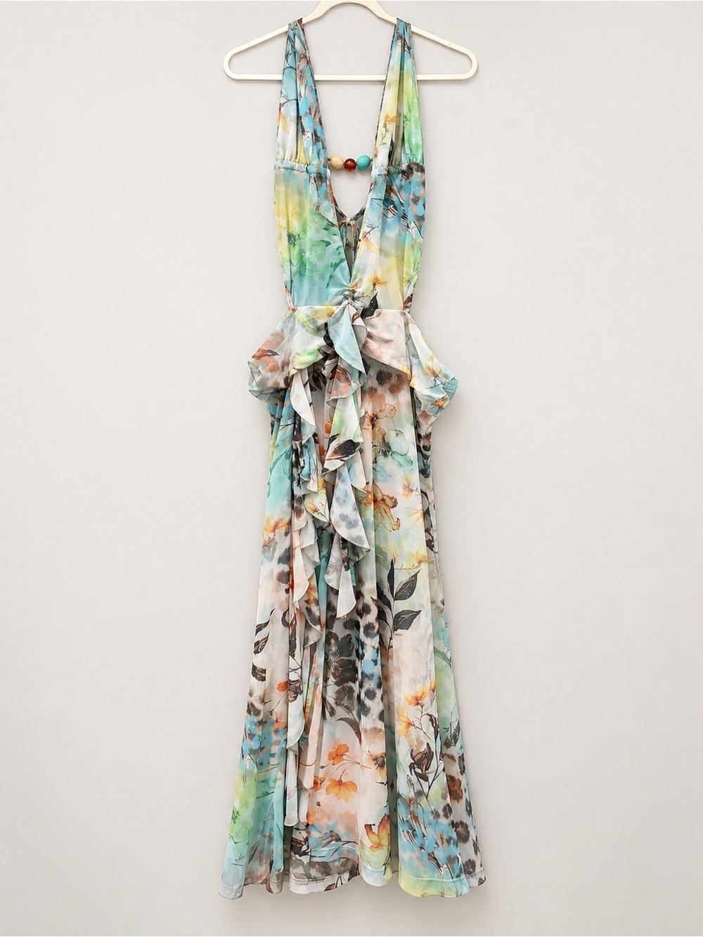 SHEIN Multicolor Floral Watercolor Maxi Dress with Beaded Detail